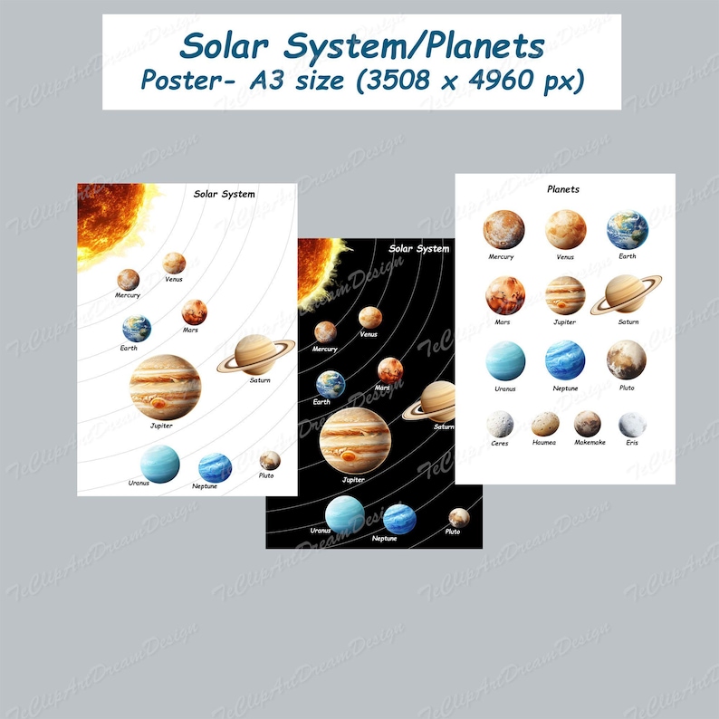 Pode incluir: Um cartaz educativo colorido sobre o sistema solar e os planetas. O cartaz apresenta ilustra&ccedil;&otilde;es do sol, dos planetas e seus nomes. O cartaz est&aacute; dividido em duas se&ccedil;&otilde;es: "Sistema solar" e "Planetas".