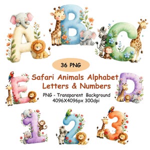 以下が含まれることがあります： サファリ動物のアルファベット文字と数字が描かれた36個のPNGファイルのデジタルコレクション。各文字と数字は、ゾウ、キリン、ライオン、シマウマ、サル、オウム、花のアクセントの水彩画イラストで装飾されています。