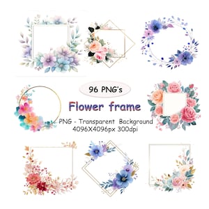 Puede incluir: Una colección de marcos florales de acuarela en varias formas, incluyendo cuadrados, círculos y rombos. Los marcos presentan flores y vegetación de colores pastel. El texto en la imagen dice "96 PNG's" y "Flower frame".