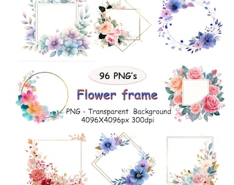 96 Watercolor Flower Frames Clipart, Round and Square Floral Frame Borders PNG Graphic Flowers Clip Art.