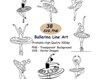 May include: A collection of eight black and white ballerina line art illustrations in various poses. The image includes text that reads "38 SVG, PNG" and "Ballerina Line Art". The illustrations are suitable for printing.