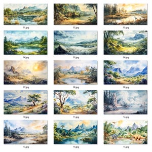May include: A collection of 15 watercolor paintings depicting various landscapes with mountains, lakes, and trees. The paintings are in a grid format, with each painting having a unique scene.