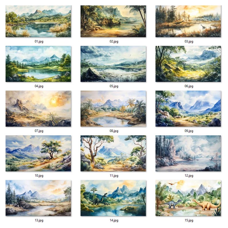May include: A collection of 15 watercolor paintings depicting various landscapes with mountains, lakes, and trees. The paintings are in a grid format, with each painting having a unique scene.