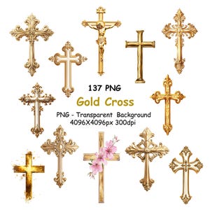 May include: A collection of gold crosses in various designs, including ornate, simple, and a crucifix. Some crosses feature intricate detailing, while others are plain. The image includes the text "Gold Cross" and details about the PNG format.