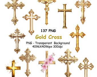 137 Gold Cross Clipart, Water Color Golden Cross Clipart Bundle, Watercolor Gold Cross PNG Graphics Clip Art.