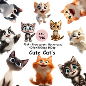 Cute Cat Clipart, 149 High Quality PNG's Happy Cats Clip Art, Cartoon Cat PNG, Printable Kitten Graphics, Instant Download, Commercial use