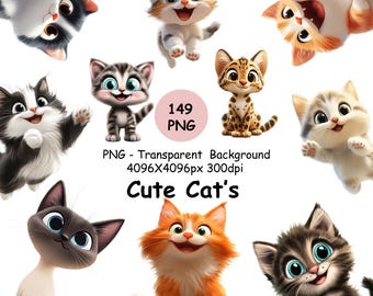 Cute Cat Clipart, 149 High Quality PNG's Happy Cats Clip Art, Cartoon Cat PNG, Printable Kitten Graphics, Instant Download, Commercial use
