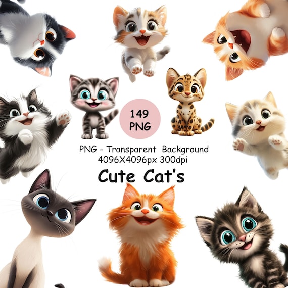 Cute Cat Clipart, 149 High Quality PNG's Happy Cats Clip Art, Cartoon Cat PNG, Printable Kitten Graphics, Instant Download, Commercial use
