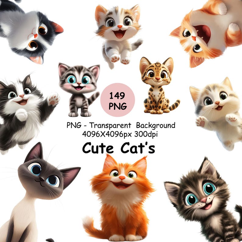 May include: A set of 10 digital images featuring cute cartoon cats in various poses. The cats are depicted in a variety of colors and patterns, including black, white, orange, brown, and gray. The images are perfect for use in digital scrapbooking, card making, and other creative projects.