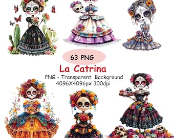May include: A collection of six colorful La Catrina PNG images. Each image features a stylized female figure with a skull face, adorned with flowers and elaborate dresses. The images are labeled with "63 PNG" and "La Catrina".