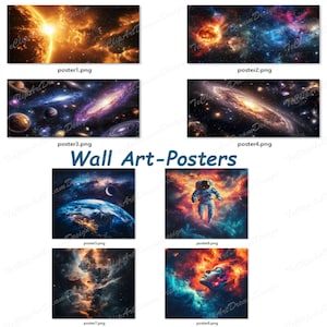 Pode incluir: Conjunto de 7 p&ocirc;steres com tema espacial que apresentam nebulosas coloridas, gal&aacute;xias, planetas e astronautas. Os p&ocirc;steres s&atilde;o perfeitos para adicionar um toque de maravilha c&oacute;smica a qualquer c&ocirc;modo.