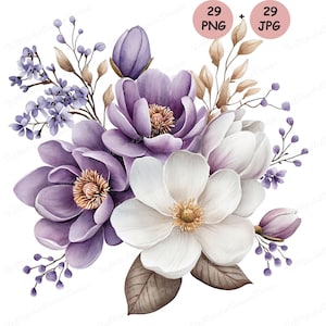 29 Clipart de buquê de flores roxas, clipart de aquarela floral violeta de casamento para impressão, PNG de alta qualidade, pacote de clip art JPG, download digital