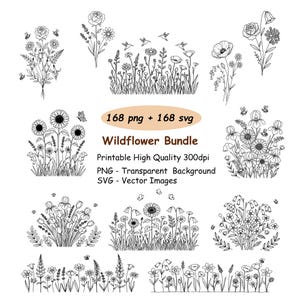 168 Wildflower SVG PNG-bundel, botanische natuur bloemen overzicht SVG, bloemboeket clipart.