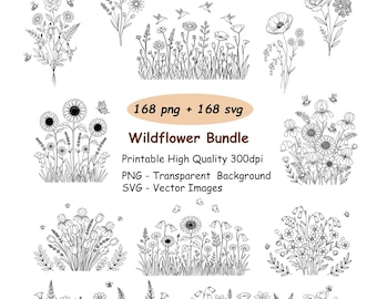 168 Wildblumen SVG PNG Bundle, botanische Naturblumen Umriss SVG, Blumenstrauß Clipart.