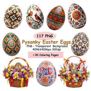 Puede incluir: Una colección de huevos de Pascua Pysanky intrincadamente decorados en varios patrones y colores, incluyendo diseños florales, geométricos y de aves. La imagen también presenta dos cestas llenas de flores y huevos decorados. El texto en la imagen dice "Pysanky Easter Eggs".