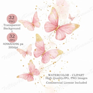 32 Clipart acquerello di farfalle rosa, arte murale con farfalle rosa e oro, pacchetto di clipart PNG e JPG di alta qualità, download digitale.