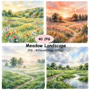 Watercolor Meadow Landscape Clip Art, Nature Scene Clipart (Digital Download).