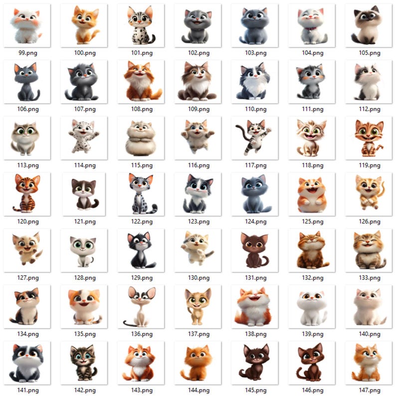 May include: A collection of 49 cartoon cat illustrations. The cats are in various poses and expressions, with different fur colors and patterns.