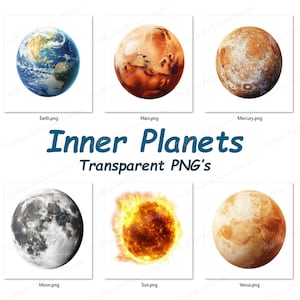 Pode incluir: Uma cole&ccedil;&atilde;o de planetas interiores, incluindo a Terra, Marte, Merc&uacute;rio, a Lua, o Sol e V&eacute;nus. Cada planeta &eacute; retratado como uma imagem realista e detalhada com um fundo branco. O texto "Inner Planets Transparent PNG's" &eacute; exibido em azul no topo da imagem.
