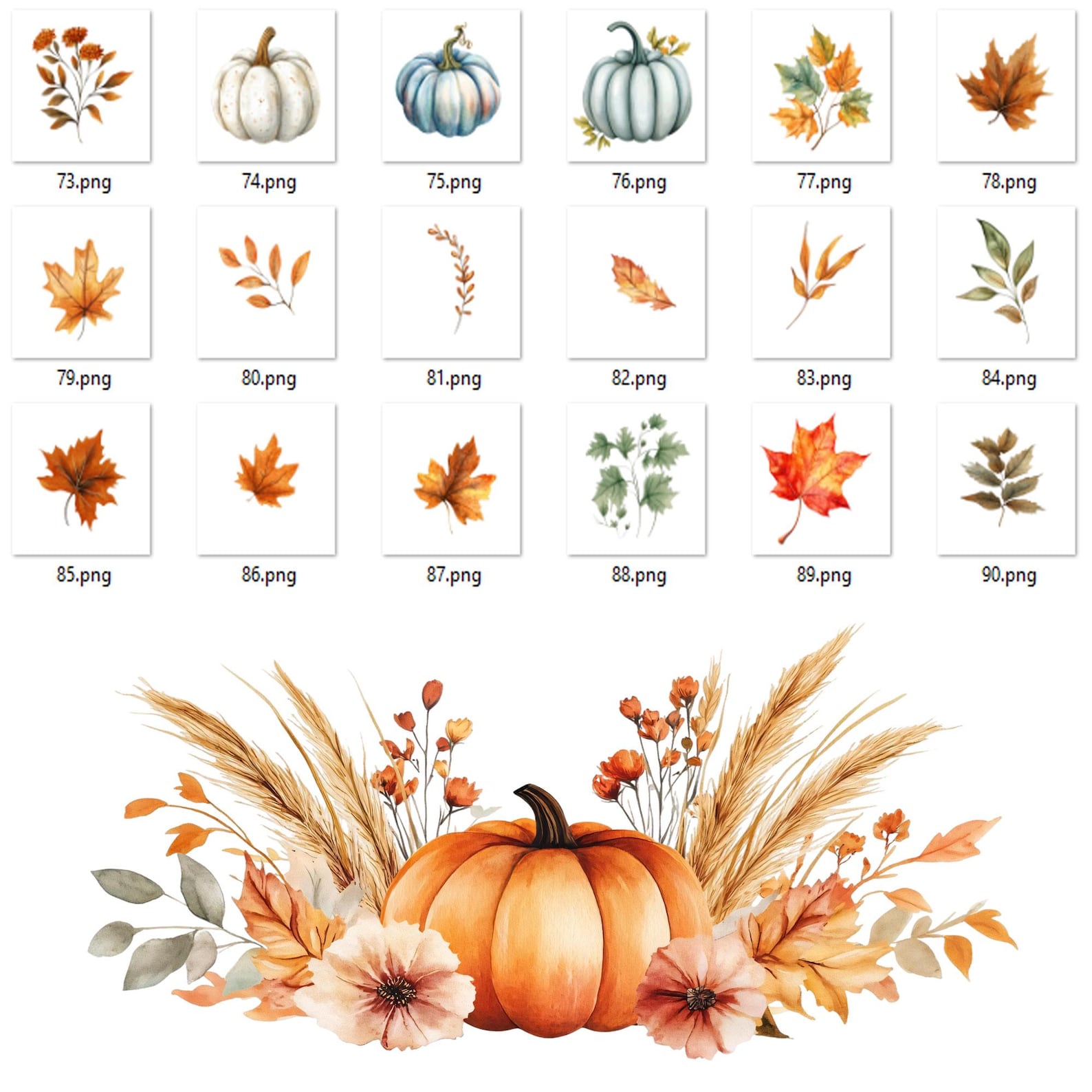 90 Pumpkins and Flowers Clipart, Watercolor Fall Pumpkin Bouquet ...