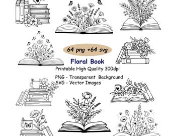 64 Floral Book SVG PNG, Book with Flowers Clipart Set for Crafting