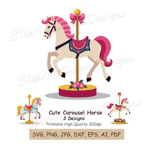 Peut inclure: Illustration numérique d'un cheval de manège crème avec une crinière et une queue roses. Le cheval a une selle rose et est monté sur un poteau doré. Le texte "Cute Carousel Horse 3 Designs" est inclus.