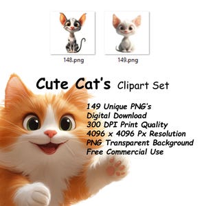 May include: A set of 149 unique digital clipart images of cute cats. The images are high-resolution, 4096 x 4096 pixels, and have a transparent background. They are perfect for use in digital projects, such as scrapbooking, card making, and web design.