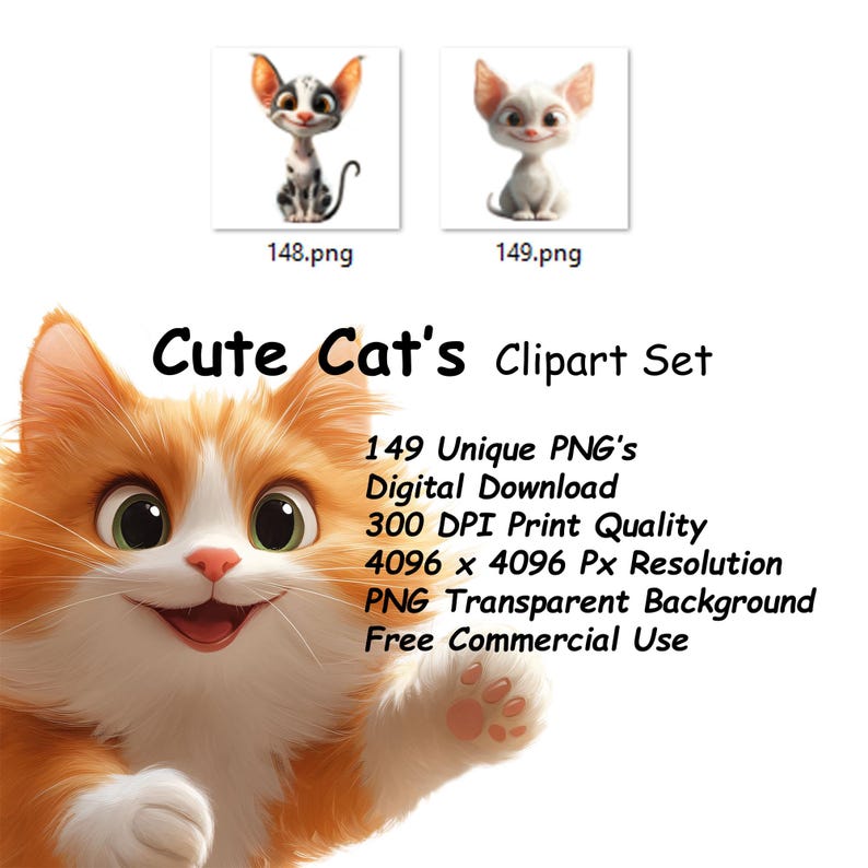 May include: A set of 149 unique digital clipart images of cute cats. The images are high-resolution, 4096 x 4096 pixels, and have a transparent background. They are perfect for use in digital projects, such as scrapbooking, card making, and web design.