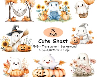 Cute Halloween Ghost Clipart Bundle, 70 Cute Ghost Watercolor Clipart PNG, for Kids Halloween, Minimal Classic Style.