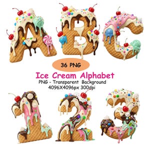 Könnte beinhalten: Eine digitale Sammlung von 36 PNG-Dateien mit dem Titel Ice Cream Alphabet, die die Buchstaben A, B, C und die Zahlen 1, 2, 3 als Waffelhörnchen mit schmelzendem Eis, Schokoladensauce, bunten Streuseln und roten Kirschen darstellen.