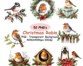 52 imágenes prediseñadas de petirrojo navideño, paquete de imágenes prediseñadas de pájaro petirrojo navideño en acuarela, imágenes prediseñadas de gráficos PNG de pájaro en acuarela.