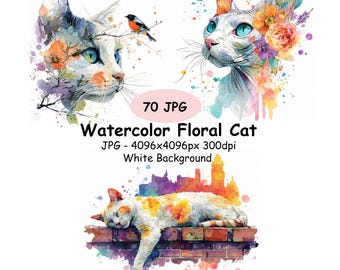70 Watercolor Cat Clipart, Abstract Whimsical Floral Cat Clip Art, 4k JPG Digital Images
