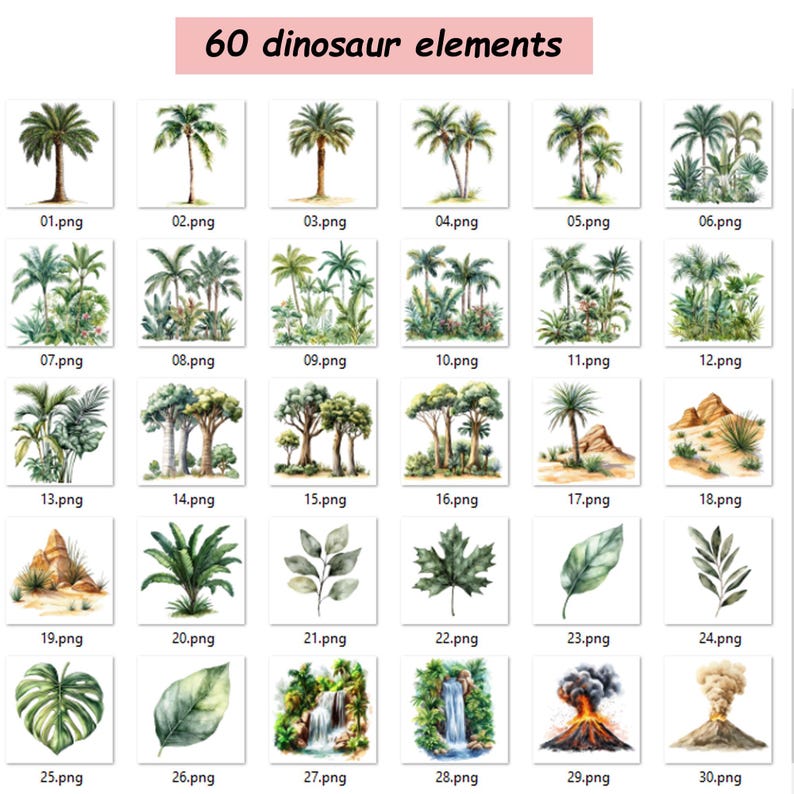 May include: A set of 60 watercolor illustrations of dinosaur elements, including palm trees, jungle foliage, waterfalls, and volcanoes. The illustrations are perfect for creating digital or physical artwork, scrapbooking, or crafting.