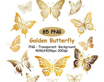 85 imágenes prediseñadas de mariposas doradas, paquete de imágenes prediseñadas de mariposas doradas, PNG transparente.
