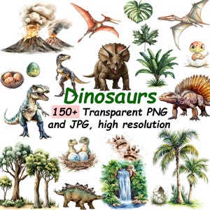 Clipart de dinossauro realista em aquarela, arte de berçário de dinossauros fofos, PNG e JPG de alta qualidade Clip Art Jurassic Pack Kit de arte digital para impressão