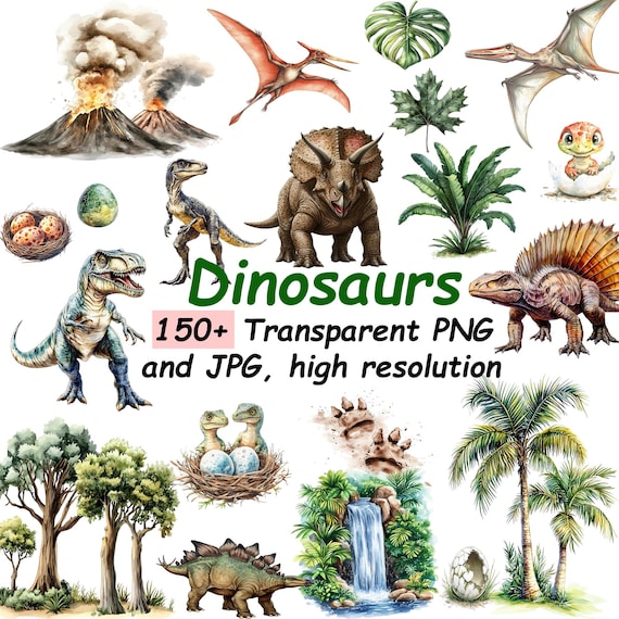 Watercolor Realistic Dinosaur Clipart, Cute Dinosaurs Nursery Art, High Quality PNG and JPG Clip Art Jurassic Pack Digital Art Printable Kit