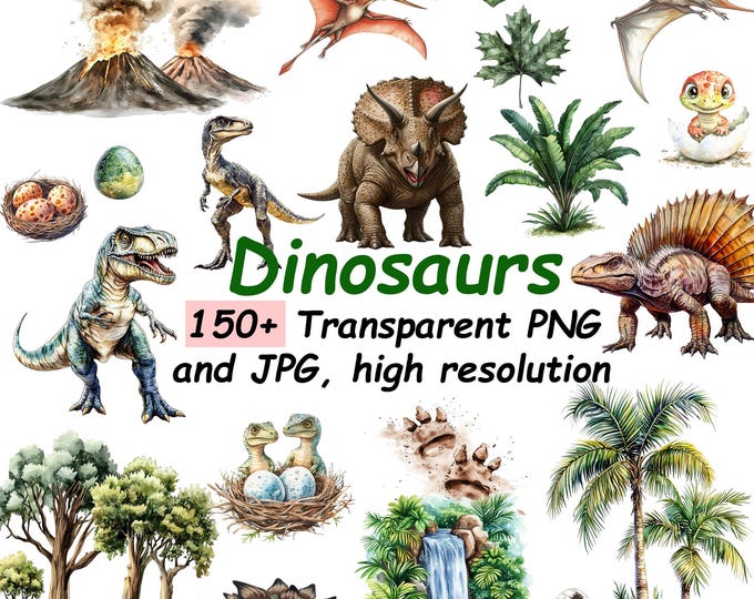 Dinosaur Clipart Bundle, Watercolor T-rex PNG Clip Art for Nursery Art ...