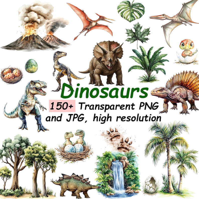 May include: A collection of watercolor illustrations featuring dinosaurs, plants, and eggs. The illustrations are in a cartoon style and are perfect for use in digital scrapbooking, card making, or other creative projects. The text on the image reads "Dinosaurs 150+ Transparent PNG and JPG, high resolution".