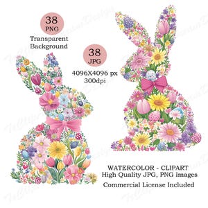 38 Floral Easter Bunny Watercolor Clipart, Cute Rabbit Easter Coquette Clipart, High Quality PNG, JPG Clip Art Pack, Digital Download.