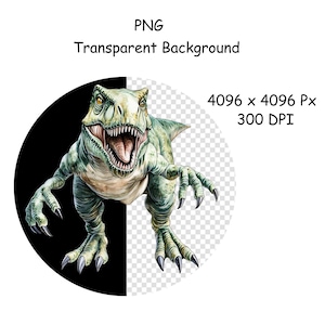 May include: A green and brown dinosaur with a large mouth and sharp teeth. The dinosaur is facing forward and has its mouth open in a roar. The dinosaur is on a transparent background.