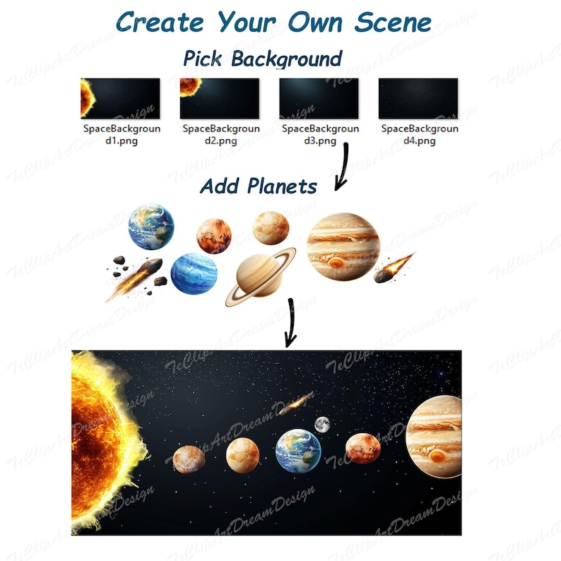 Pode incluir: Crie sua pr&oacute;pria cena espacial escolhendo um fundo e adicionando planetas. A imagem mostra uma sele&ccedil;&atilde;o de quatro fundos espaciais e seis planetas, incluindo um planeta vermelho, um planeta azul, um planeta amarelo e um planeta grande e listrado.