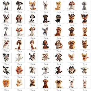 May include: A collection of 49 cartoon dog illustrations, each with unique expressions and poses. The dogs vary in breed, color, and size, with some sitting, standing, or jumping. Each image is labeled with a number and the .png file extension.