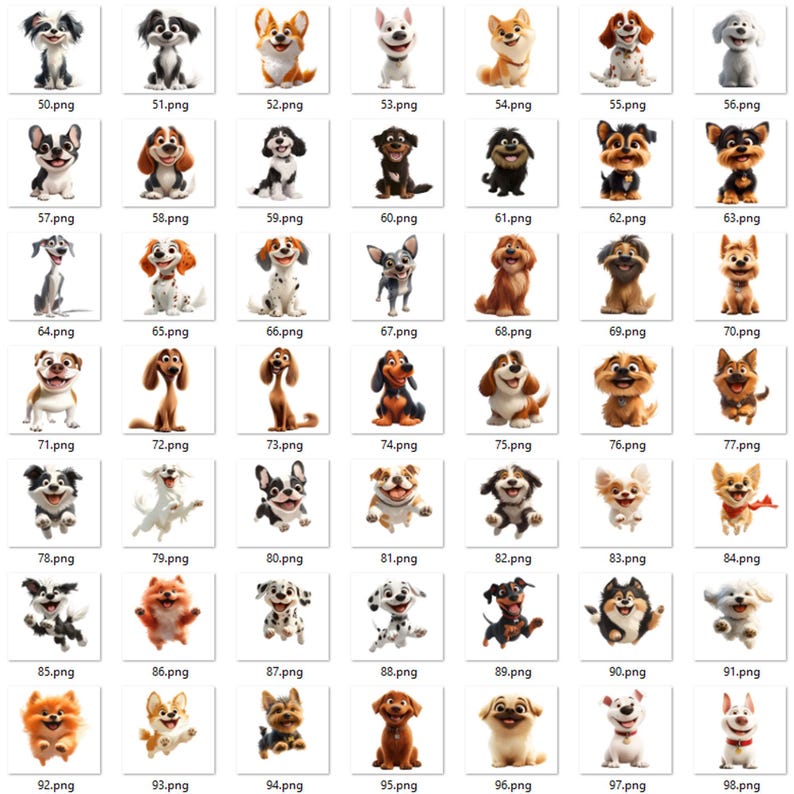 May include: A collection of 49 cartoon dog illustrations, each with unique expressions and poses. The dogs vary in breed, color, and size, with some sitting, standing, or jumping. Each image is labeled with a number and the .png file extension.