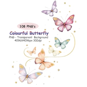 May include: A collection of colorful butterfly PNG images with a transparent background. The butterflies are in various colors, including pink, purple, and blue, with gold accents. The text reads "Colourful Butterfly" and "108 PNG's".
