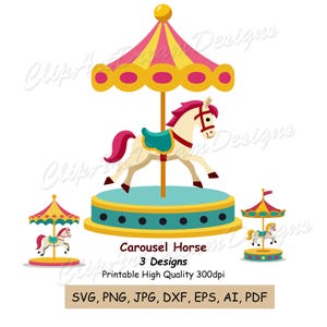 May include: A carousel horse design with a pink and yellow canopy, a light blue base, and a white horse with a pink mane and tail. The image includes two smaller carousel designs and text that reads "Carousel Horse 3 Designs".