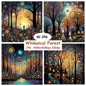 May include: Four digital art prints of whimsical forests with colorful, detailed designs. The images feature trees, glowing orbs, and a couple in one scene. Text on the image reads "40 JPG" and "Whimsical Forest".
