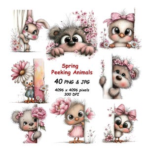Puede incluir: Ilustraciones caprichosas de animales adorables, como un conejo, un oso y un pollito, asomándose detrás de objetos. Cada personaje está adornado con flores y lazos. El texto "Spring Peeking Animals" y los detalles del archivo también están incluidos.