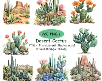 226 Watercolor Cactus Clipart PNG, Desert Cactus Clipart Bundle, Western Cactus Watercolour Illustration, Cacti Graphics.