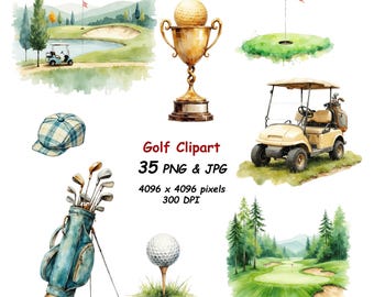 35 golf clipartset, aquarel golferclub illustraties, uitrusting, kar, bal, vlaggen, png- en jpg-bestanden, digitale download.