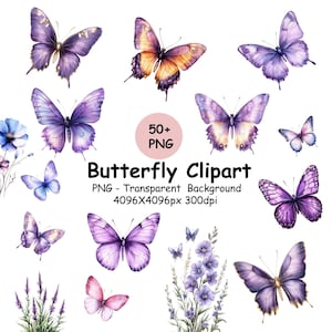 Purple Butterfly Clipart Bundle, Watercolor Butterfly Clip Art Transparent PNG, Lilac Purple Butterfly with Garden Flowers.